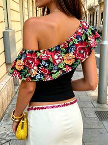 Flora Isola Flora Isola Women's Summer V-Neck Floral Embroidery Hollow Ruffle Cap Sleeve Cinched Waist Casual Boho Sexy Blouse Vacation Night Out Black - Black - View 2