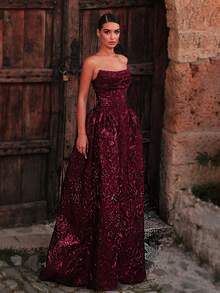 Glamrae Elegant Romantic Fashion Burgundy 3D Jacquard Fabric Strapless Cowl Neck Long Maxi A-Line Skirt Dress With Detachable Back Bow Decoration, Suitable For Graduation, School Opening, Music Festival, Birthday Party, Wedding, Afternoon Tea Party, Prom, Bachelorette Party, All Formal Occasions, Women's Evening Gown - Burgundy - View 6