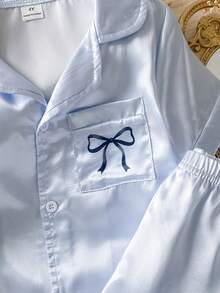SHEIN Young Girl' Blue Bow Print Lapel Short Sleeve Shorts Set, Flame Retardant Loungewear - Blue - View 7