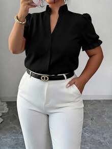 Elenzga Plus Size Elegant Solid Color Collared Blouse For Commuting - Black - View 3