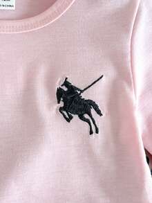 SHEIN 2件組女嬰百搭休閒時尚純色刺繡短袖T恤與豹紋長褲套裝，適合春夏、室內/戶外、度假、旅行、返校、日常穿著 - 粉色 - View 7