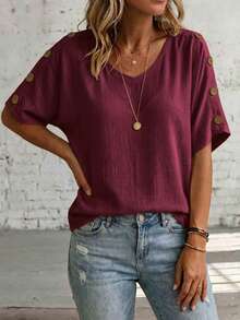 Linhara CURVE Plus Size Women's Solid Color V-Neck Button Design Short Sleeve Casual Loose Fit Shirt - Burgundy - View 4