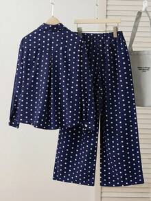 SHEIN Elladie kids 女童（大童）海軍藍波點長袖兩件套，海軍藍底色配白色波點上衣，長袖翻領襯衫，單排圓鈕扣設計方便穿脫，搭配同材質寬腿長褲，垂墜感佳，適合短途旅行與休閒外出 - 藏蓝色 - 查看 2