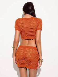 Nevyona Conjunto de 2 piezas de punto de unicolor elegante para mujer - Naranja Quemada - Ver 2