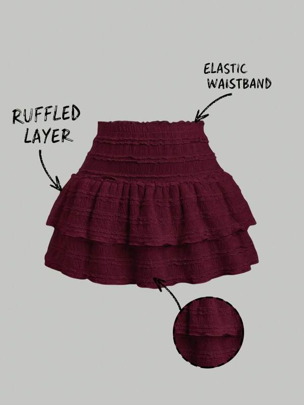 Sweetra Solid Color Ruffle Trim Number Print Double Layered Hem Skirt, Casual & Resort Y2K Mini Skirt Women