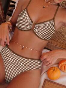 Swim Mod Ladies Beach Brown Checkered Cute Casual Vacation Bikini Set - Multicolor - View 7