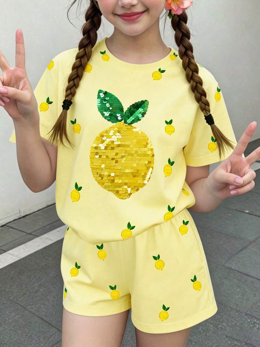 1 Set, Fresh Lemon Milk Girls' Outfit, Light Yellow All-Over Print Small Lemon Round Neck Short Sleeve Top With Large Sequin Lemon Decoration On Chest, Matching All-Over Print Elastic Waist Shorts, Suitable For Outings And Daily Wear, Spring/Summer - Multicolor - View 1
