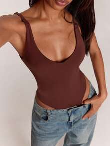 SHEIN BAE 女款純色休閒背心連身衣 - 棕色 - 查看 6