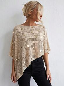 Flora Isola Flora Isola Nuovo top estivo casual ed elegante da donna, a tinta unita, con scollo rotondo piccolo, scialle, paillettes, lavorato a maglia traforata, adatto per vacanze, spiaggia, feste, appuntamenti e festival musicali - Albicocca - Visualizzare 6