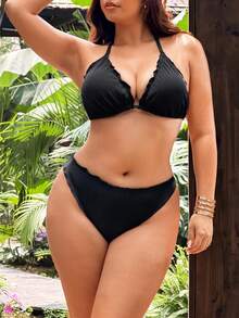 Swim Mod Women's Black Scalloped Edge Halter Triangle Bikini Set Back Tie + Side Tie Two-Piece Swimsuit Removable Padding Butt-Flattering Beach Summer - Black - View 5
