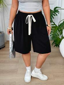 SHEIN EZwear 大尺碼夏季休閒百搭純色短褲 - 黑色 - View 5