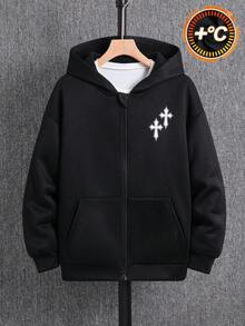 SHEIN 兒童 Bolty 十字玫瑰紋理帥氣龐克復古態度個性化大童男孩休閒衛衣，秋冬穿搭，亦適合夏季 - 黑色 - 查看 4