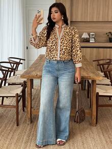 Weeklong Plus Size Women's All-Season Leopard Print Patchwork Striped Casual Elegant Commuter Office Formal Shirt Autumn Tan - Multicolor - View 3