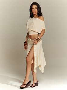 Denimoi 2 Pieces Set Asymmetrical Skirt And Off Shoulder Top Matching Set Vacation Outfits Brunch Summer - Apricot - View 10
