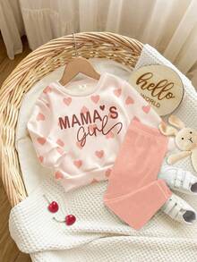 珊瑚粉 可愛心形字母 Mama'girl❤ 少女休閒舒適軟厚保暖圓領長袖運動衫與內搭褲套裝，適合秋冬日常，舒適季節，時尚女孩 - 彩色 - 查看 7