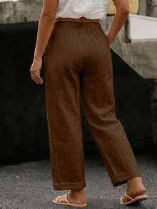 EMERY ROSE Plus Size Women's Casual Pure Cotton Solid Color Long Pants With Pockets And Button Closure - Brown - View 2