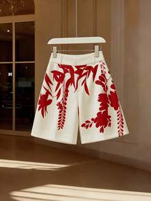 GlowEve CURVE Plus Size Women's Spring/Summer Fashion Commuter Printed Pattern A-Line Shorts - Red - View 1