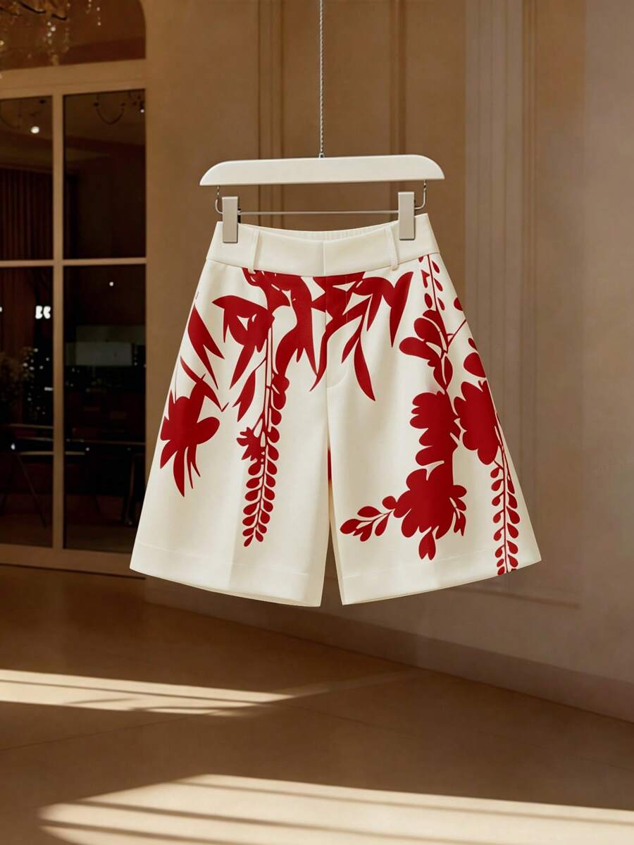 GlowEve CURVE Plus Size Women's Spring/Summer Fashion Commuter Printed Pattern A-Line Shorts - Red - View 1