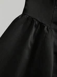 Girlism 青少年女孩夏季黑色梭織緞面休閒優雅復古長款泡泡袖收腰A字法式風情雞尾酒洋裝 - 黑色 - 查看 7