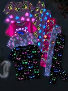 SHEIN 【隨機5套，1套免費！驚喜禮盒!!!! 30%機率可獲得2套!!】女孩修身舒適可愛印花針織睡衣套裝，舒適休閒居家服，適合日常穿著，夏季女孩夏裝甜夢印花睡衣套裝，舒適短袖上衣與長褲 - 黑色 - 查看 6