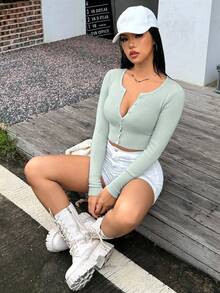 SHEIN EZwear Cárdigan corto de punto acanalado, blusa de manga larga - Celeste - Ver 3