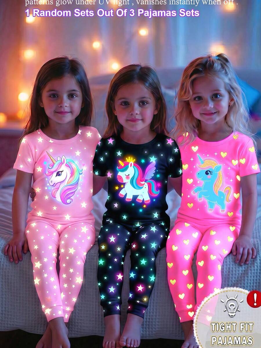 [Random 1 Set]Girls' Unicorn Glow-In-The-Dark Print UV Light Reactive Knit Fabric Comfortable Soft Slim Fit Cute Princess Style Round Neck Short Sleeve Long Pants 2 Pieces Loungewear Pajama Set - Pink - View 1