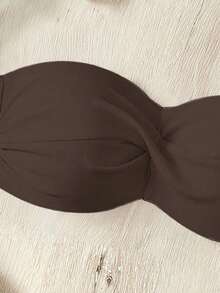 Swim Basics 女款純色聚攏胸托式平口比基尼上衣，春夏海灘沙灘游泳度假款 - 棕色 - 查看 3