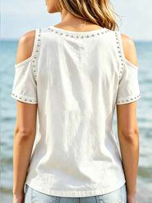 EMERY ROSE Camiseta de mujer con hombros descubiertos, efecto denim blanco, diseño de costuras degradadas y remaches de estilo vintage americano, atuendo único y llamativo para primavera/verano - Blanco - Ver 2