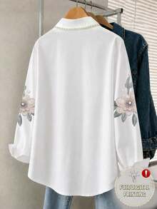 EMERY ROSE 女款度假休閒襯衫，女款翻領襯衫，仿珍珠、仿刺繡圖案印花襯衫 - 彩色 - 查看 2