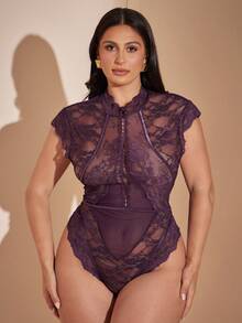SHEIN BAE CURVE 大尺碼性感透視蕾絲連身內衣，夏季款 - 紫色 - 查看 3