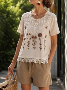 Elouméa Women's Spring/Summer Casual Faux Embroidery Print Contrast Lace Sleeveless Loose Fit Shirt, Suitable For Daily Wear And Home Lounging - Apricot - View 6