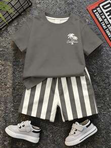 Young Boy Casual Minimalist T-Shirt Set, Classic Cool Striped Pattern Print, Classic Palm Tree Pattern Print, Classic Vacation City California Text Pattern Print, Suitable For Vacation, Suitable For Beach, Suitable For Spring And Summer - Multicolor - View 2