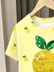 1 Set, Fresh Lemon Milk Girls' Outfit, Light Yellow All-Over Print Small Lemon Round Neck Short Sleeve Top With Large Sequin Lemon Decoration On Chest, Matching All-Over Print Elastic Waist Shorts, Suitable For Outings And Daily Wear, Spring/Summer - Multicolor - View 5