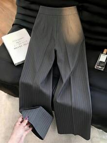 Selianne 女款春夏時尚優雅條紋長褲，腰部百褶、繫帶設計與裝飾扣，適合辦公、通勤、購物、約會、輕商務場合等 - 灰色 - 查看 2