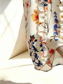 SHEIN Franclia Women's Floral Print Button Ruffle V-Neck Blouse - Apricot - View 4