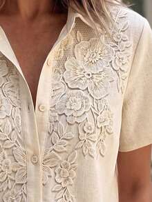 SHEIN LUNE Women's Spring/Summer Casual Faux Lace Print Solid Color Comfortable Versatile Commute Daily Wear Blouse - Apricot - View 4