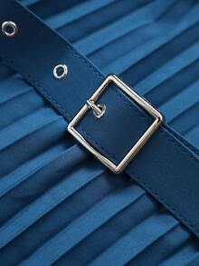 GlowEve CURVE Summer Elegant Teachers' Day French Vintage Elegant Commuter Style Pleated Waist Belt Cinch Cami Dress Formal Brunch Light Blue - Teal Blue - View 5