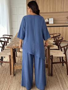 Weeklong Navy Blue Crewneck 3/4 Sleeve Loose Two Pieces Set, Asymmetric Overlap Hem, Plus Size, Cotton-Linen, Casual Resort, Summer Pastoral Style - Blue - View 2