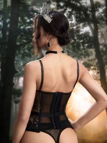 PinupPomp Lace Eyelash Trim Underwire Cup Waist-Cinched Bustier, Suitable For Innerwear And Outerwear Beige - Black - View 3