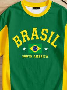 SHEIN [1件]青少年男孩 世界盃足球巴西風 黃綠配色 BRASIL 印花短袖T恤 休閒運動風 夏季/春秋款 - 彩色 - 查看 6