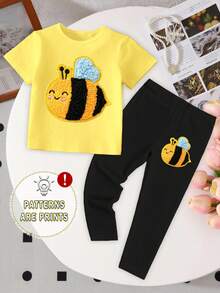 Baby Girl Fresh Cute Cartoon Bee Embroidery Pattern Basic Short T-Shirt & Leggings Set, Comfortable Daily Wear, Little Bee Insect Kawaii Yellow T-Shirt Black & Yellow Classic Color Combination - Multicolor - View 4