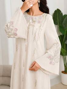 Al Najma Women's Elegant Embroidered Long Robe For Ramadan - Ivory White - View 1