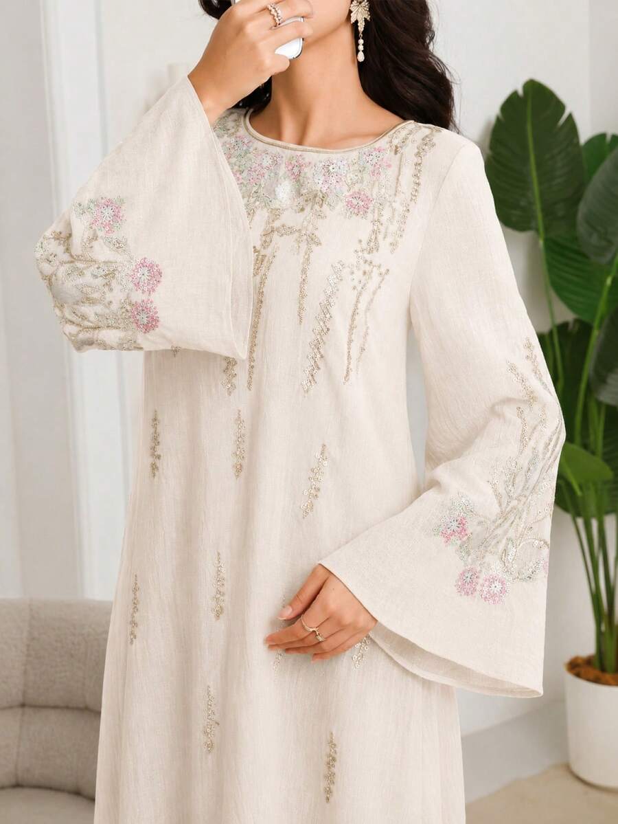 Al Najma Women's Elegant Embroidered Long Robe For Ramadan - Ivory White - View 1