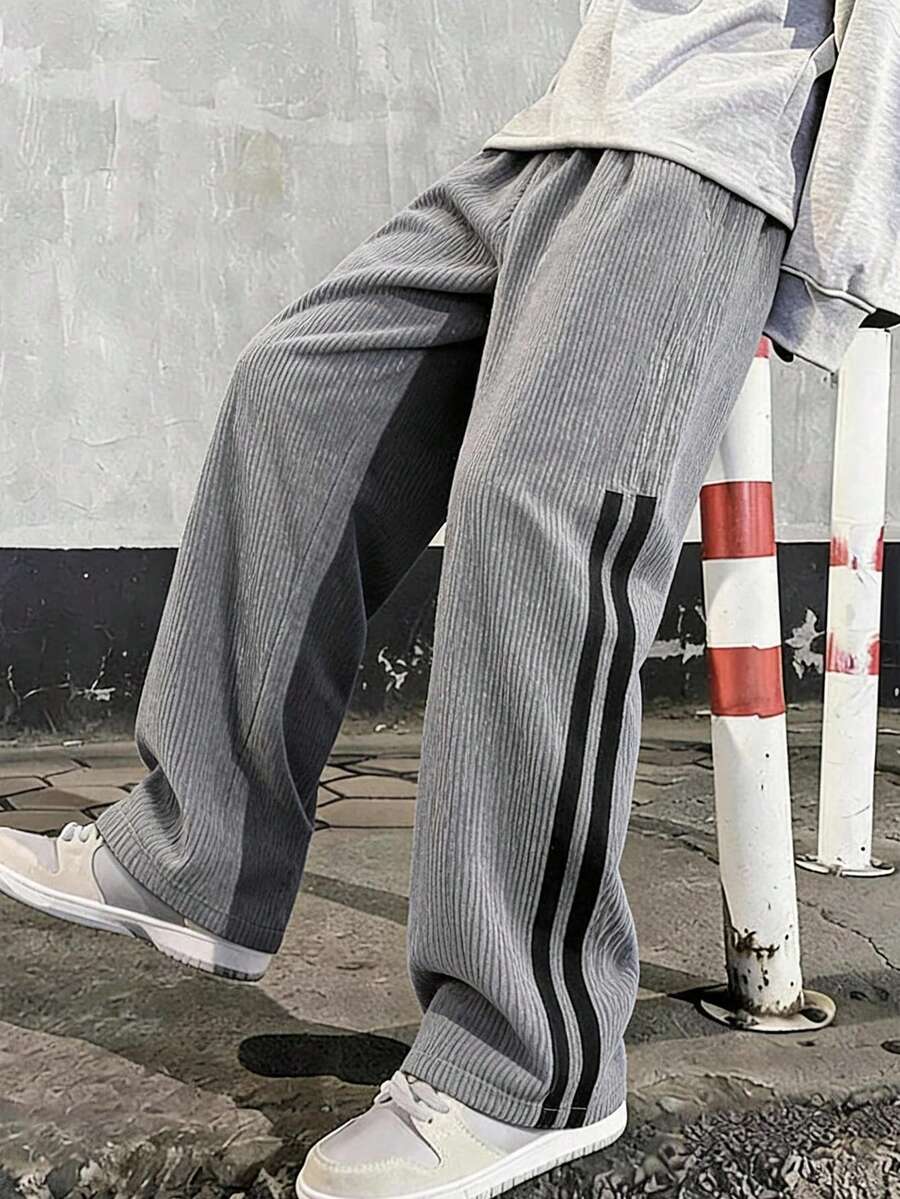 SHEIN 1pc Comfortable Casual Loose Fit Side Stripe Sweatpants For Tween Boys - Grey - View 1