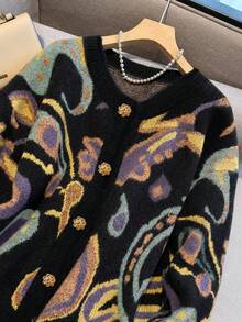 EMERY ROSE 2025 Plus Size Women's Fashionable Casual Minimalist Versatile Multi-Colour Fair Isle Pattern Gemstone Floral Button Small Round Neck Knitted Cardigan - Black - View 4