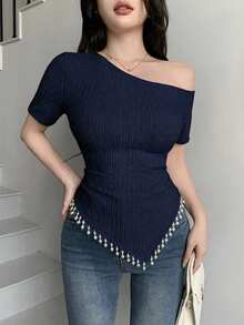 Modelyn Summer Navy Blue Jacquard Asymmetric Shoulder Neckline Design Faux Pearl Tassel Minimalist Sexy Elegant Date Going Out Party Night Out Outing T-Shirt - Royal Blue - View 6