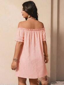 Breezaya Plus Size Elegant Off-Shoulder Dress, Slimming Waist Design With Faux Pearl Decor, Versatile For Daily, Work, Party, Date, Photo Shoot - Pink - View 2