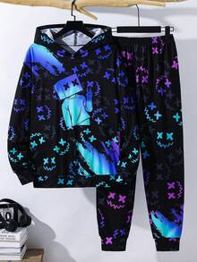 SHEIN Teen Boy Cartoon Glow-In-The-Dark Print Hoodie & Sweatpants Set - Multicolor - View 3
