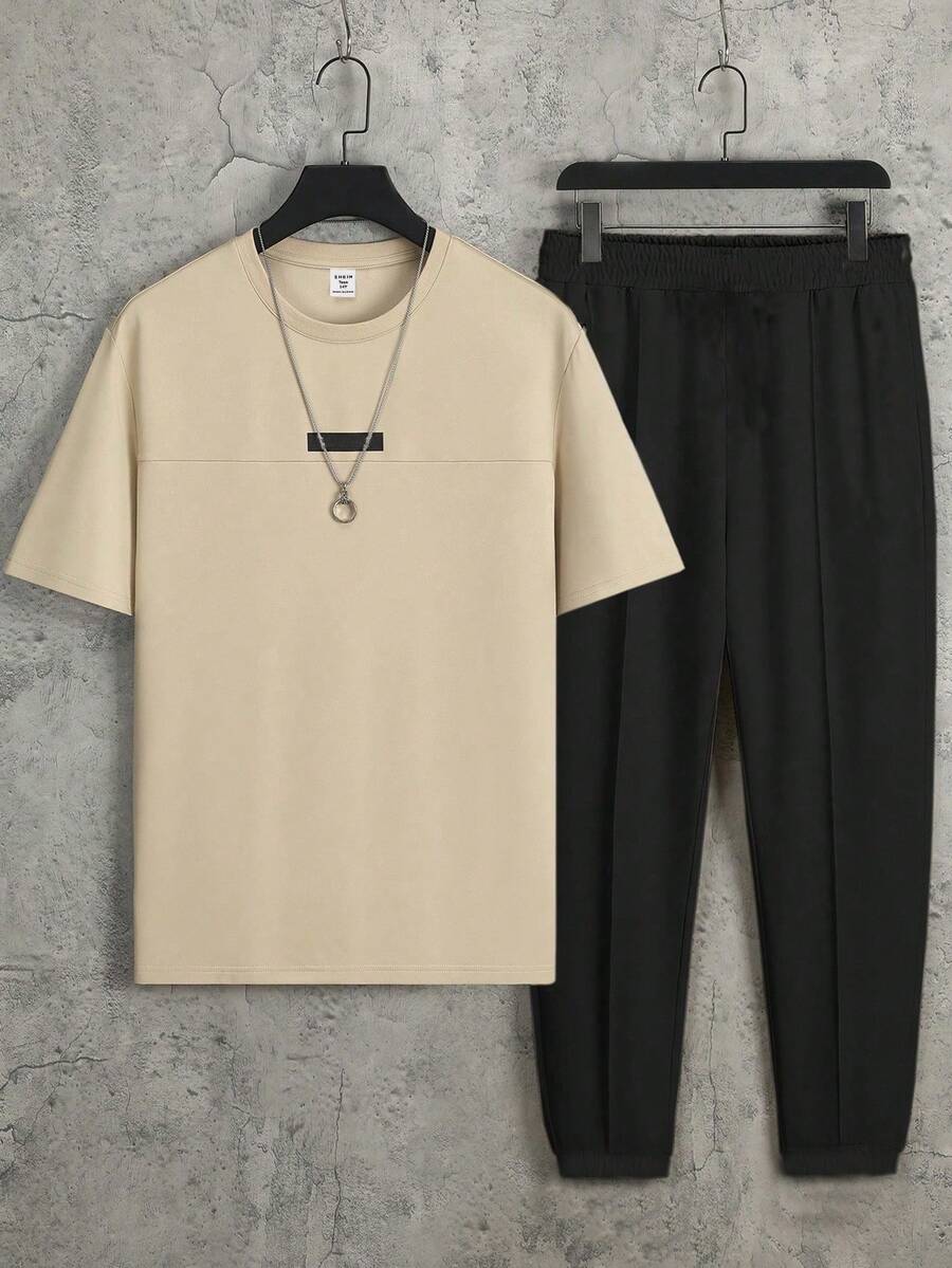 SHEIN 2件組青少年男孩休閒字母印花圓領套頭上衣套裝,適合夏季、運動、跑步、戶外 - 彩色 - 查看 1