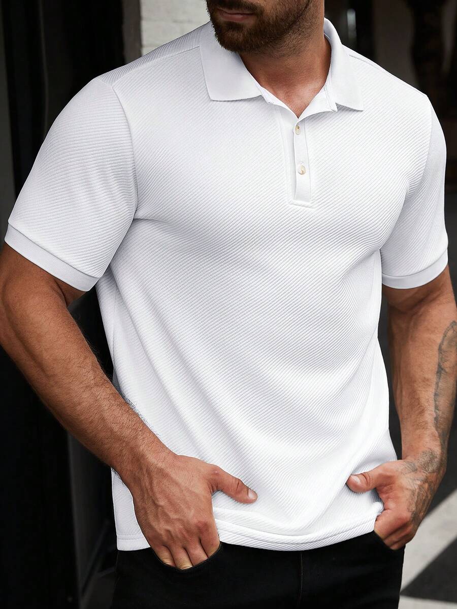 Manfinity CasualCool 男士純色針織斜紋提花商務休閒寬鬆短袖 Polo 衫 - 白色 - 查看 1